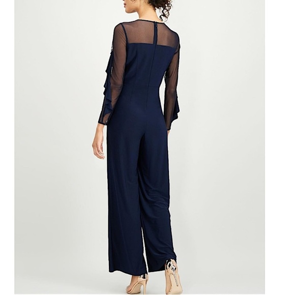 R&M Richards NWT Wide Leg Jumpsuit Ruffle Illusion Mesh Navy Plus Size Petite - Picture 9 of 15